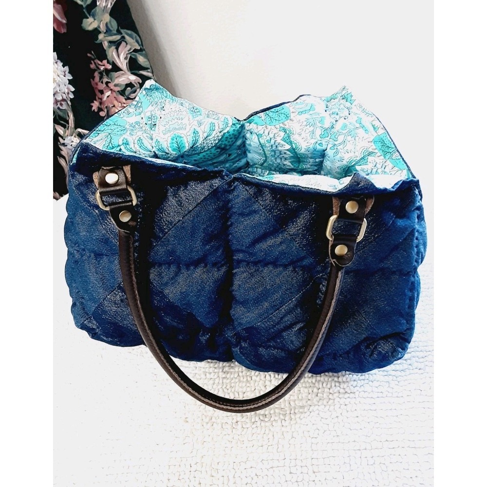 Sewing Craf Knitting Basket Tote Yarn Bag Double Sided Quilted 11x9 Blue